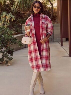 Plaid pocketed button down coat
